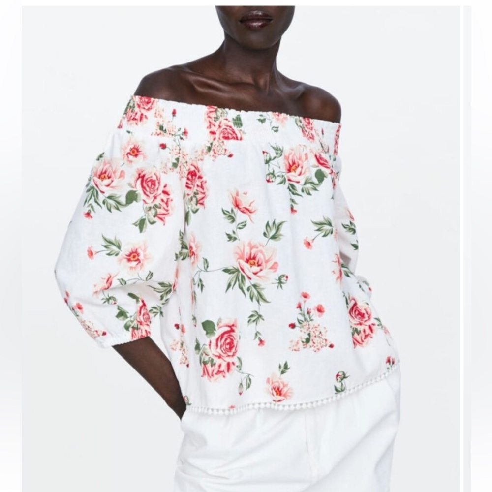 Zara White Floral Off-Shoulder Blouse